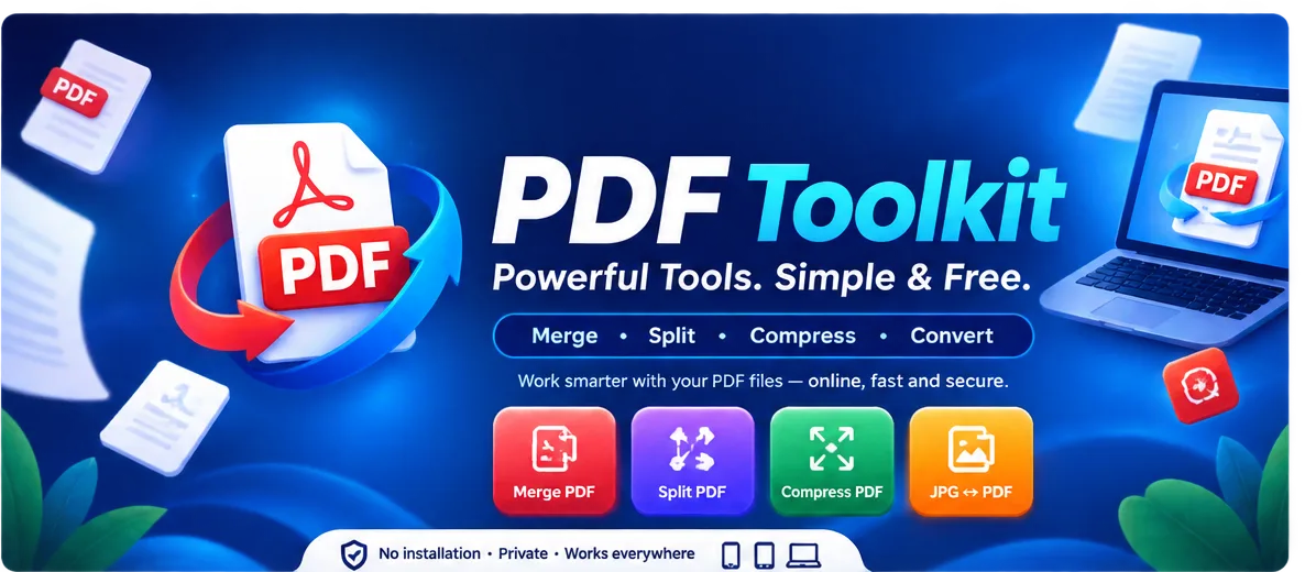 PDF Toolkit banner showing merge, split, compress and JPG to PDF tools